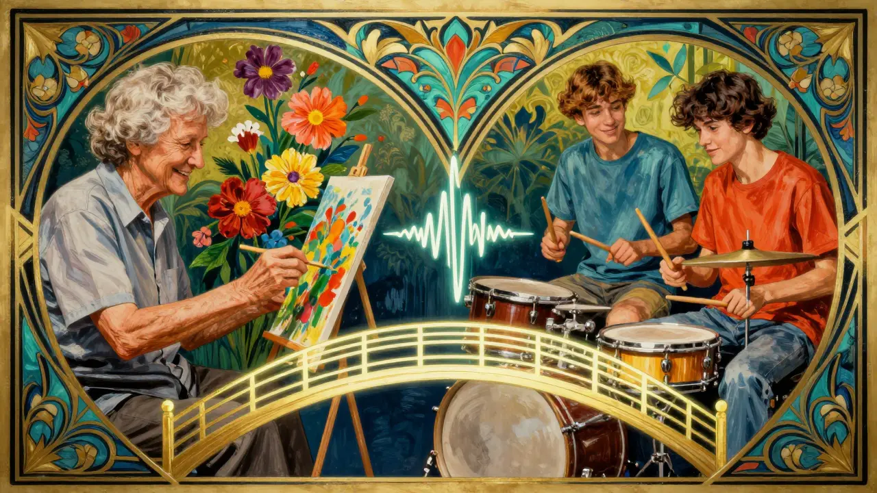 Dva scény: starší osoba maluje květiny a teenagedři hrají na buben, spojené mostem.