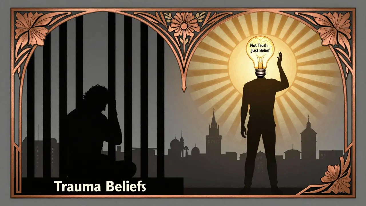 Dvě části obrázku: jedna ukazuje vězení z negativních přesvědčení, druhá osvobozenou osobu s osvětlenou myší.