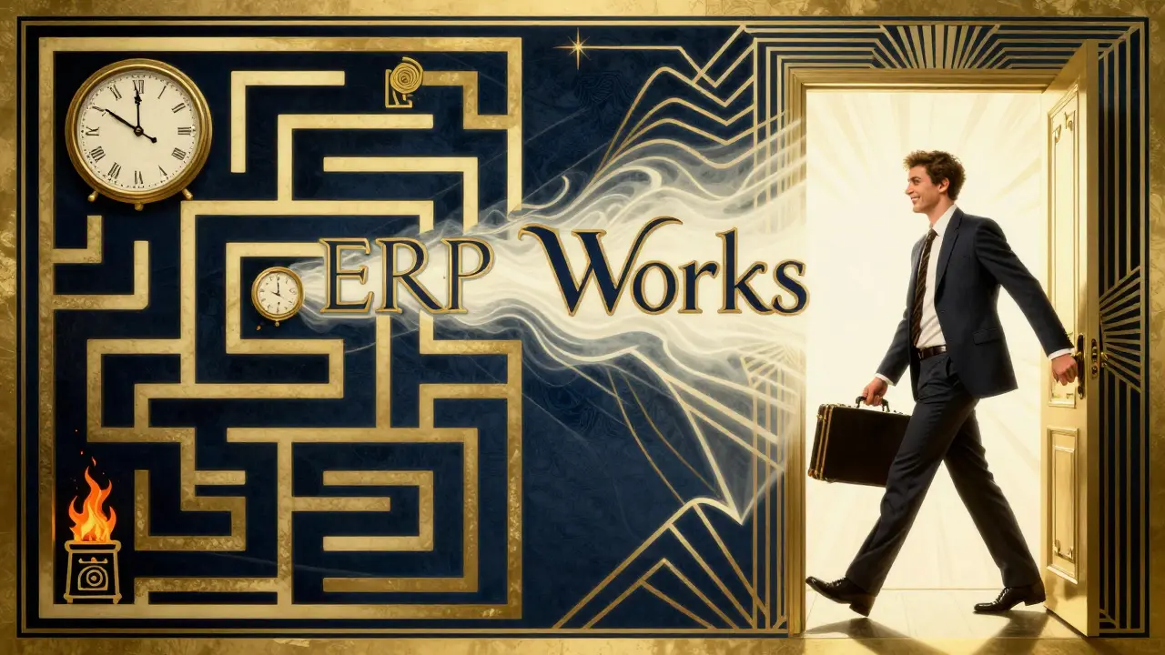 Dvě části: vlevo osoba ve vězení obsesí, vpravo ta samá osoba volně kráčí do světla s briefkem.