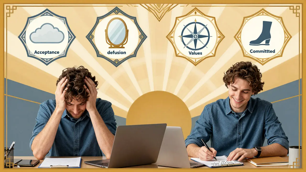 Dvě scény jedné osoby: jedna ve stresu, druhá s aktívním rozhodováním podle hodnot.