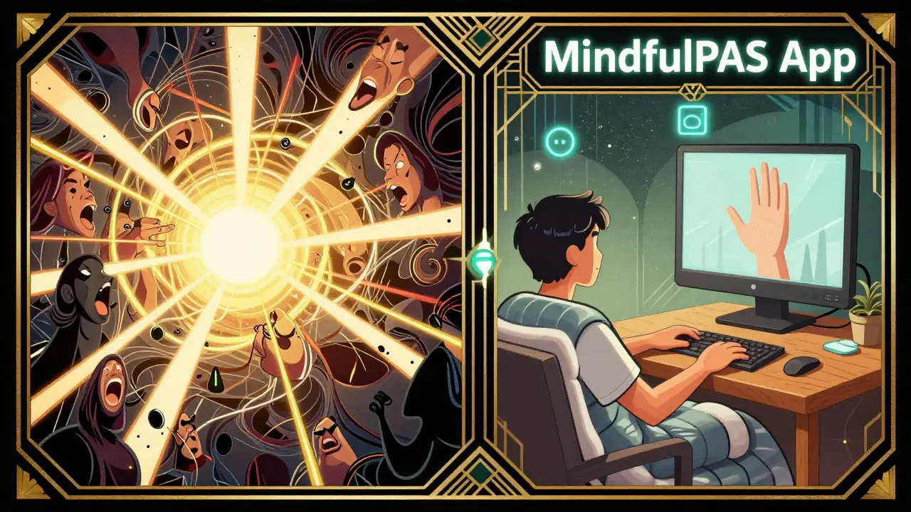 Dvě strany scény: chaos vs. klid s pomůckami pro senzorickou regulaci.