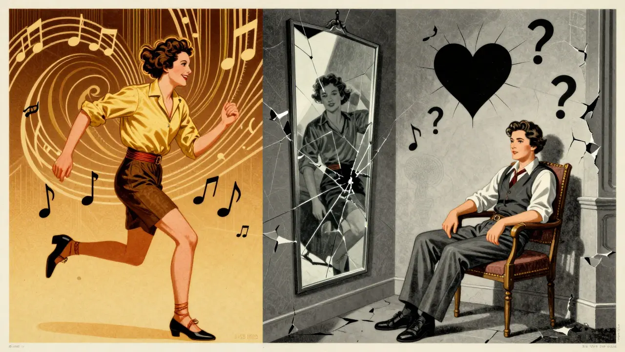 Dvě verze stejné osoby: jedna plná života, druhá vyčerpaná, v uměleckém stylu art deco.