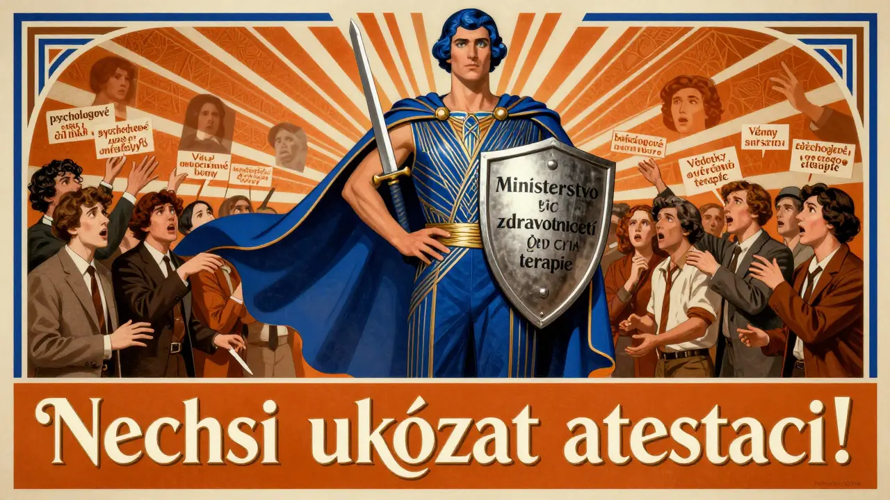 Klinický psycholog jako hrdina s atestací a vědeckou terapií v stylu Art Deco reklamy.