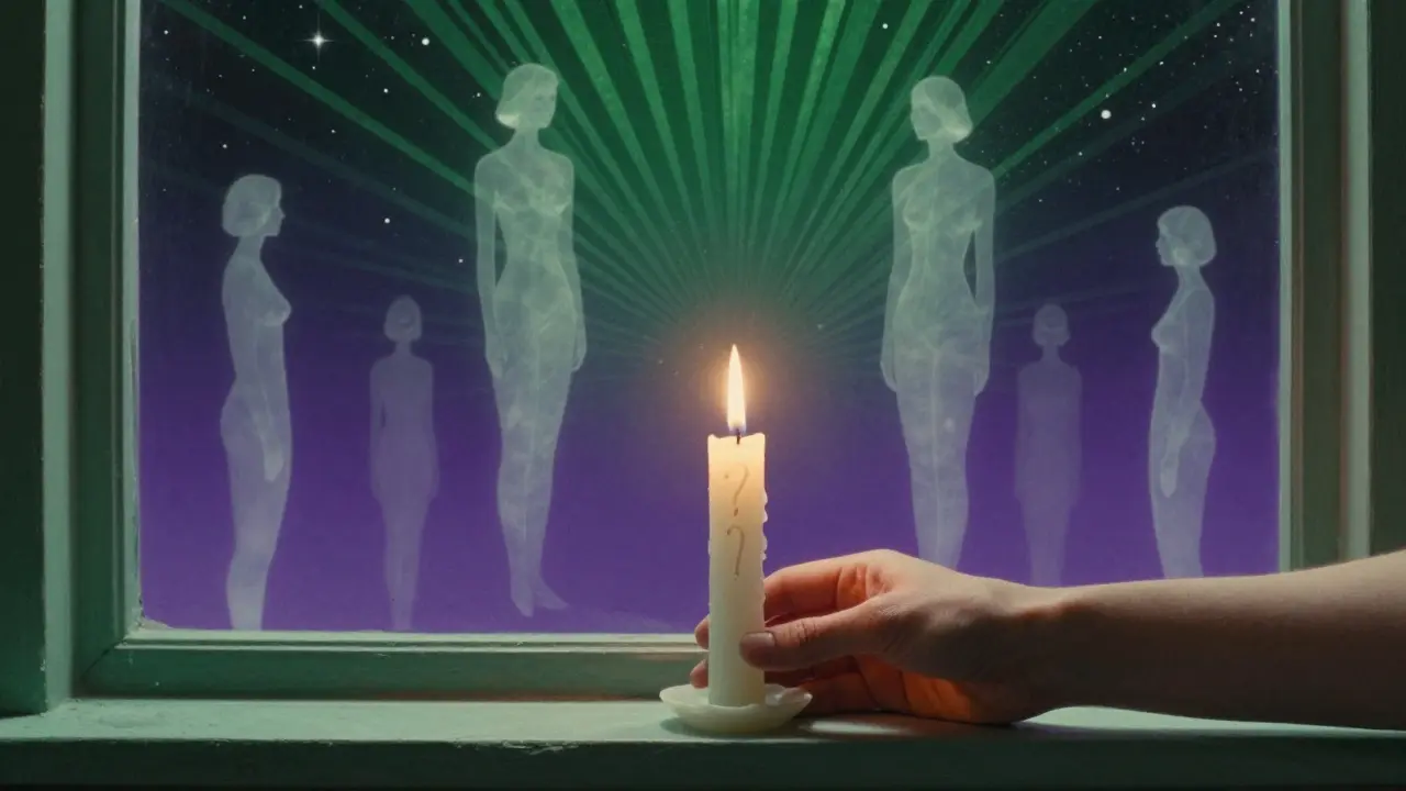 Neozářená svíčka na okně s přítomností neviditelných postav, symbolizující přijetí bez tlaku.