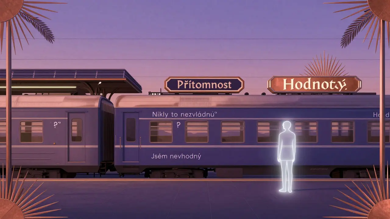 Osoba klidně stojí na nádraží, zatímco vlaky s úzkostnými myšlenkami projíždějí kolem.