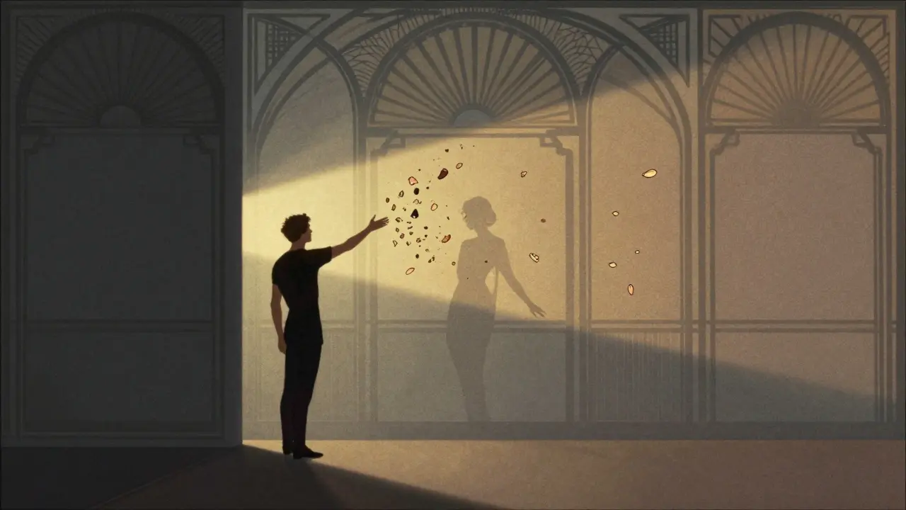 Osoba táhne k světlu, kde se objevuje její partner, zatímco konflikty mizí jako květy.