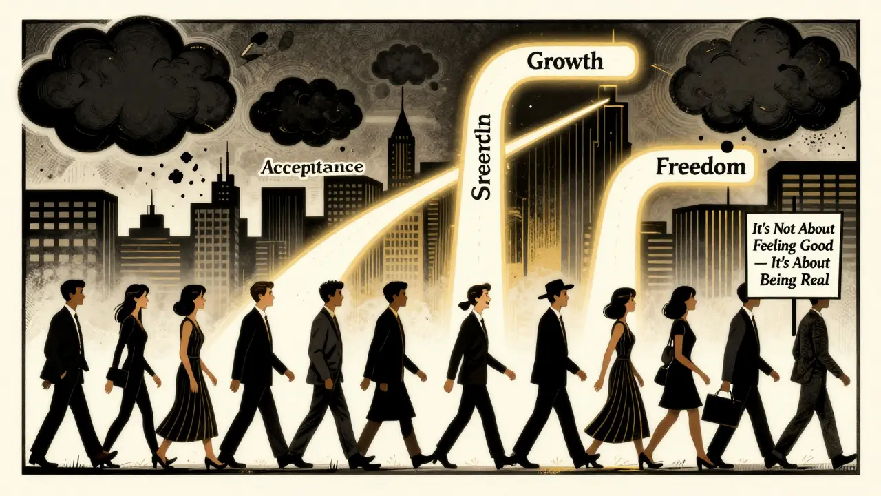 People walking toward glowing paths of acceptance as their irrational thoughts crumble behind them in Art Deco cityscape.