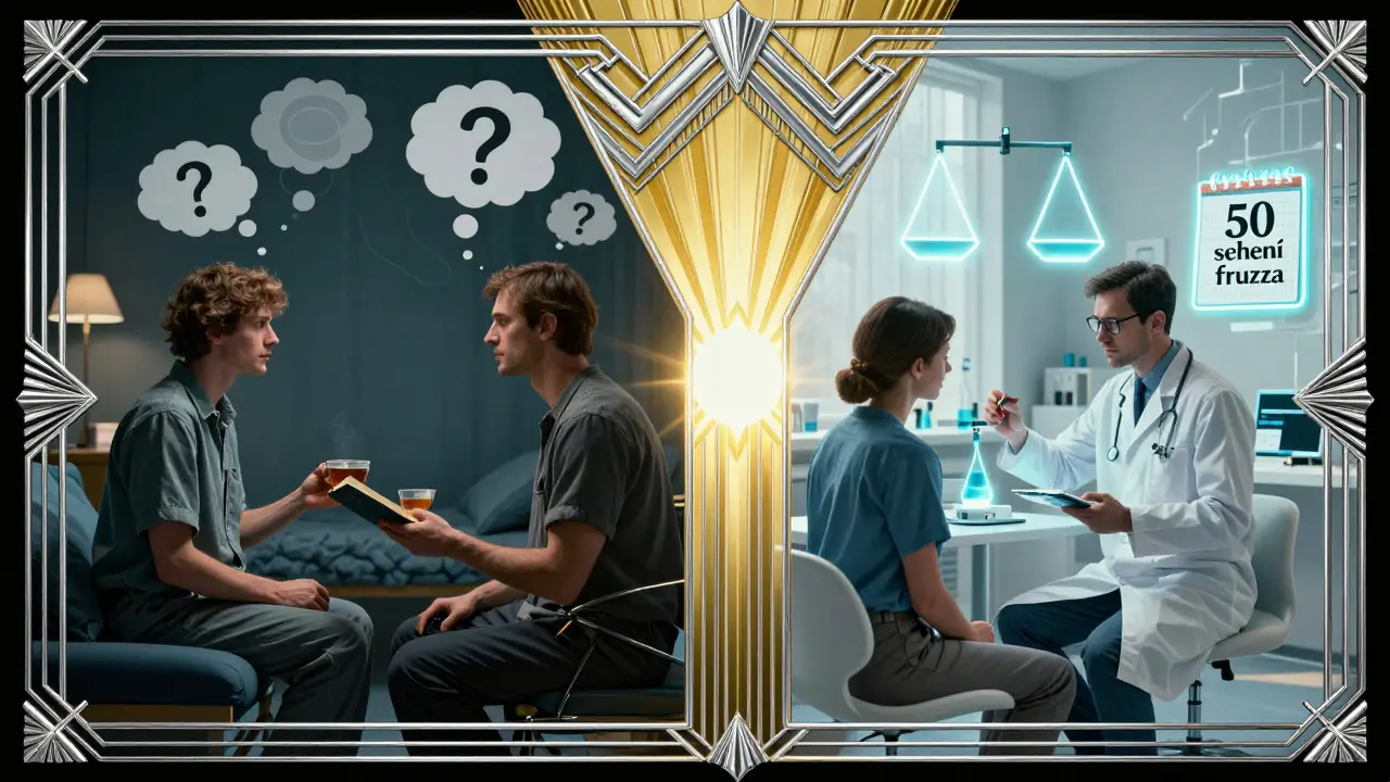 Rozdělená scéna: pacient mezi nekvalifikovanou podporou a odbornou diagnózou v Art Deco stylu.