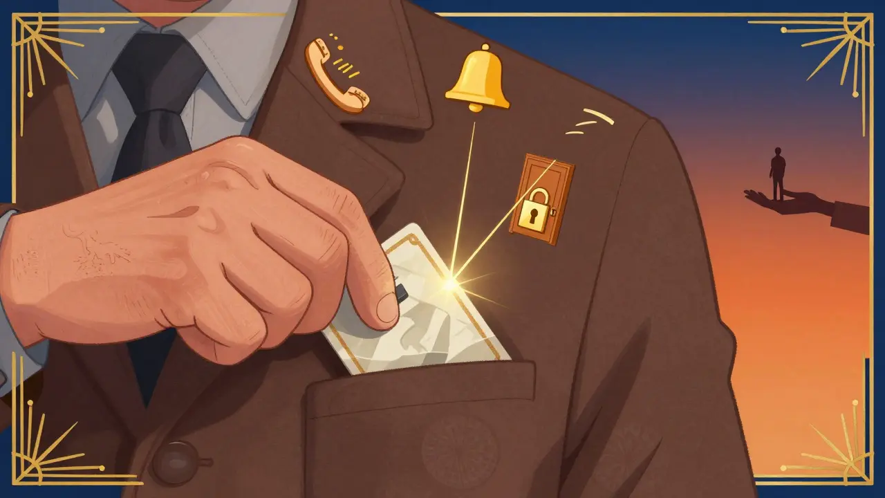 Ruka ukládá kartu do kapsy, zlatá čára vede k postavě, která podává ruku.