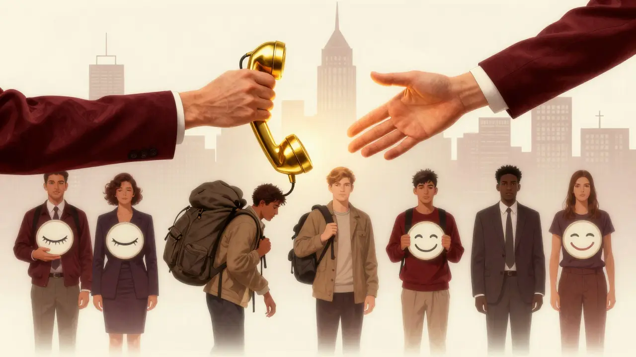 Ruka z telefonu táhne k lidem, kteří nesou skryté tíže, v stylu reklamní plakátu.