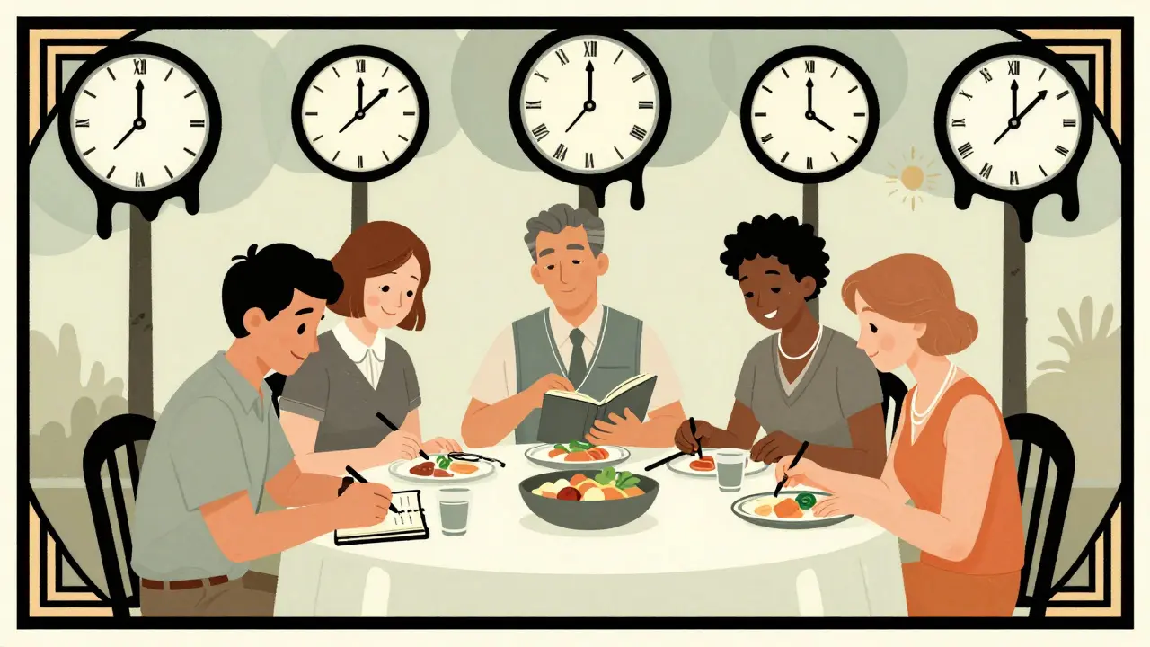 Skupina lidí společně jí, jeden zapisuje do deníku.