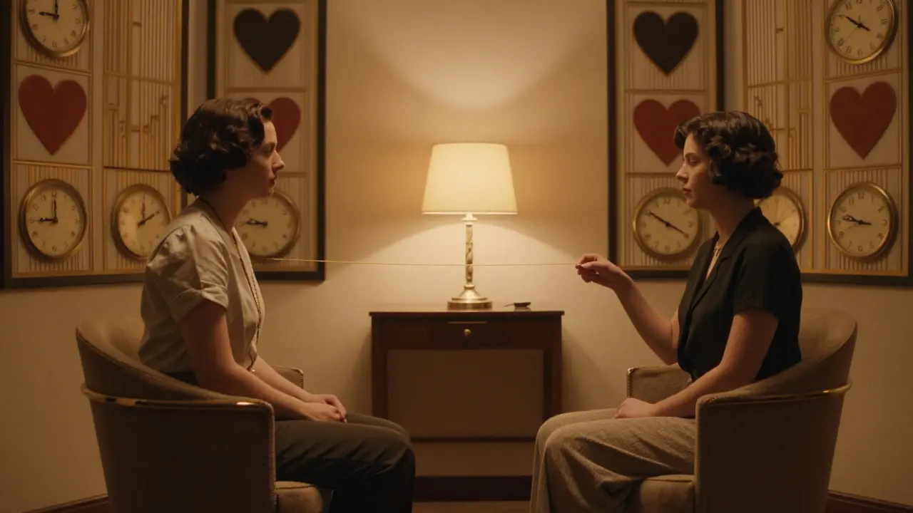 Terapeut a klient sedí v klidné místnosti, spojení jen tenkým zlatým vláknem, bez slov, jen přítomnost.