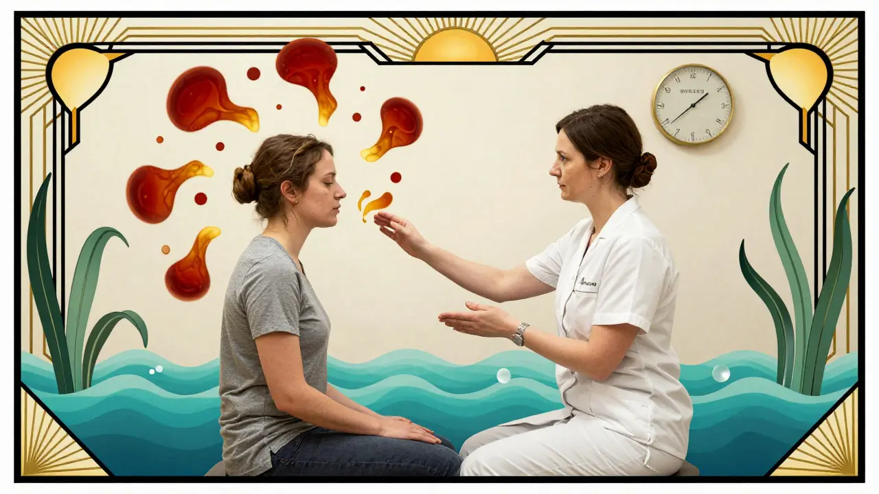 Terapeut a klient spolu dýchají v klinice, panické pocity se mění v klidné vlny.