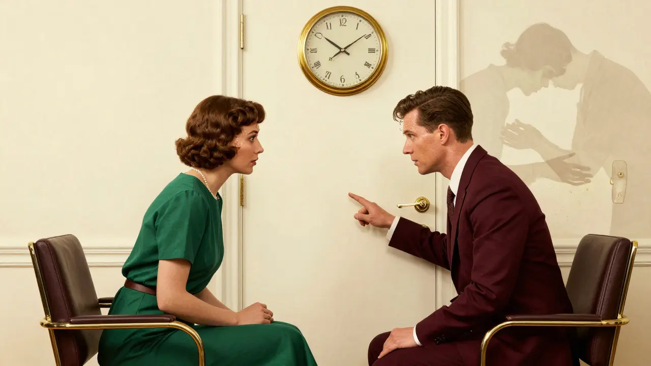 Terapeut a pacient v modernistickém kancelářském prostředí, pacient se dotýká kliky, zatímco rituál zaniká za ním.