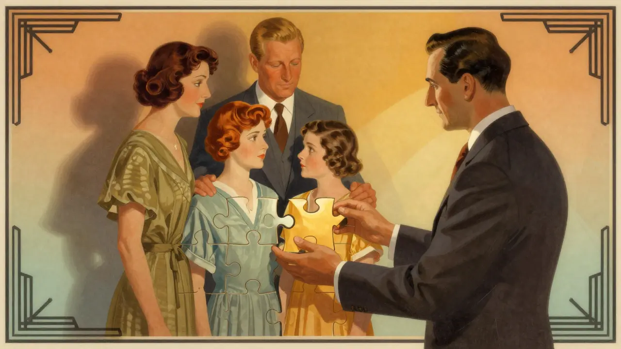 Terapeut pomáhá rozdělené rodině znovu spojit jednotlivé prvky jako skládačku v Art Deco estetice.