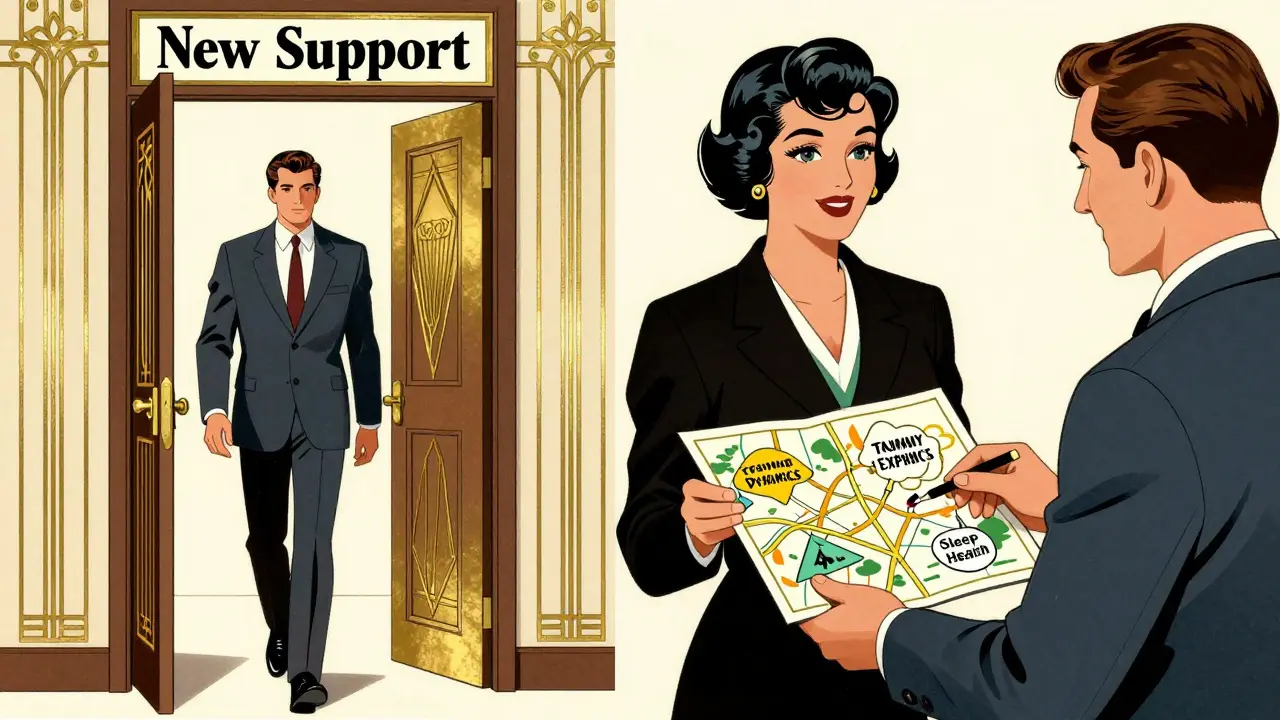 Terapeut předává klientovi stylizovanou mapu s oblastmi specializace, symbolizující odborné doporučení.