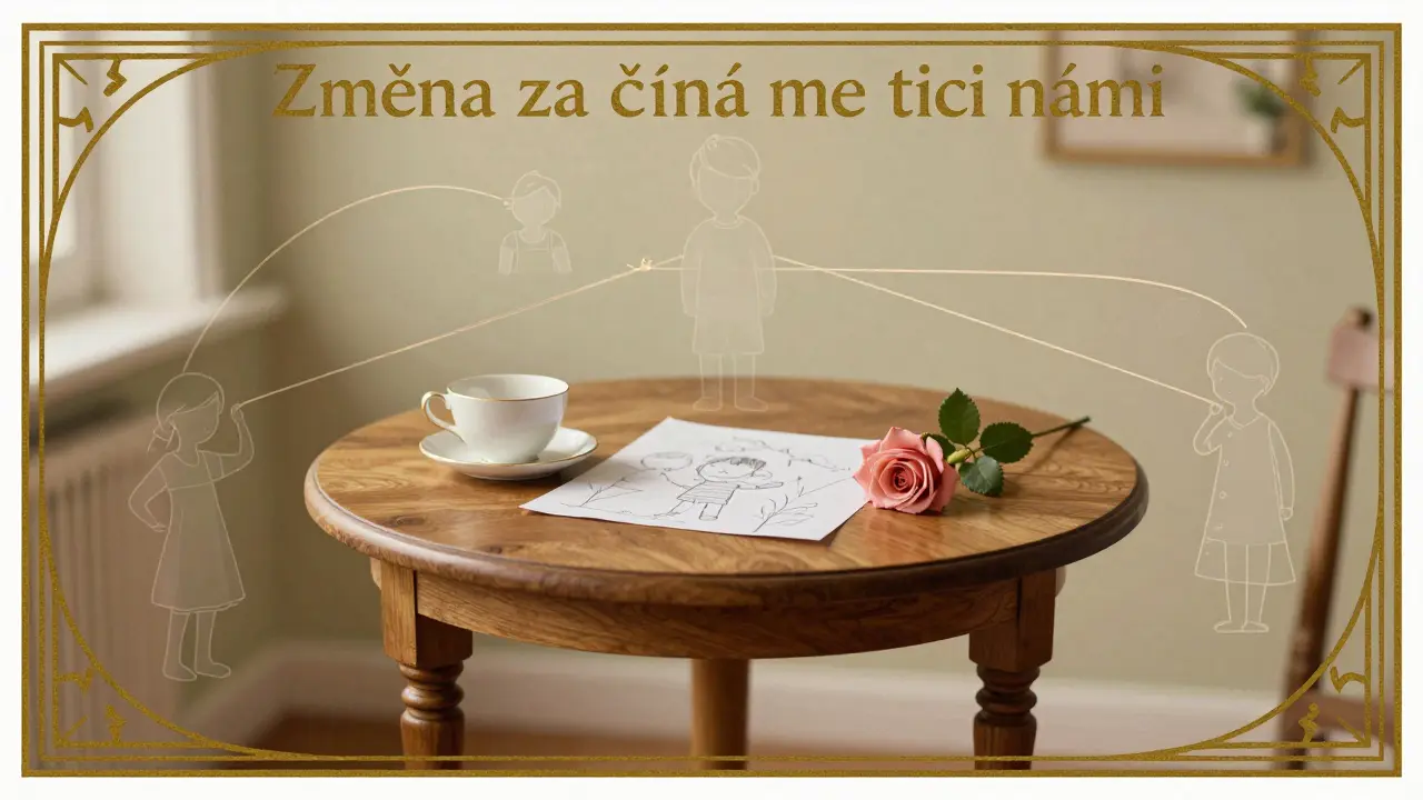 Tři předměty na stole s průhlednými obrysy rodiny spojených zlatými nitěmi, symbolizující spojení bez slov.