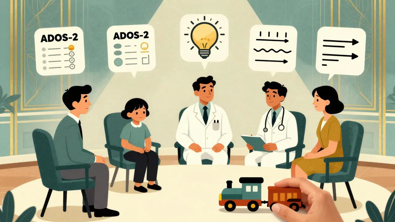 Tým specialistů diskutuje o diagnostice autistického spektra, symboly v okolí.