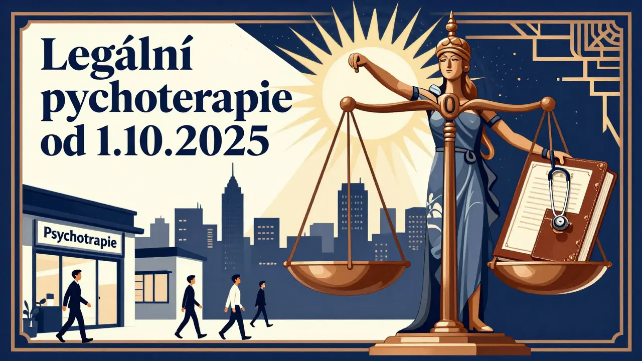 Váha spravedlnosti s lékařskými a terapeutickými symboly, symbolizující novou legální rovnováhu.