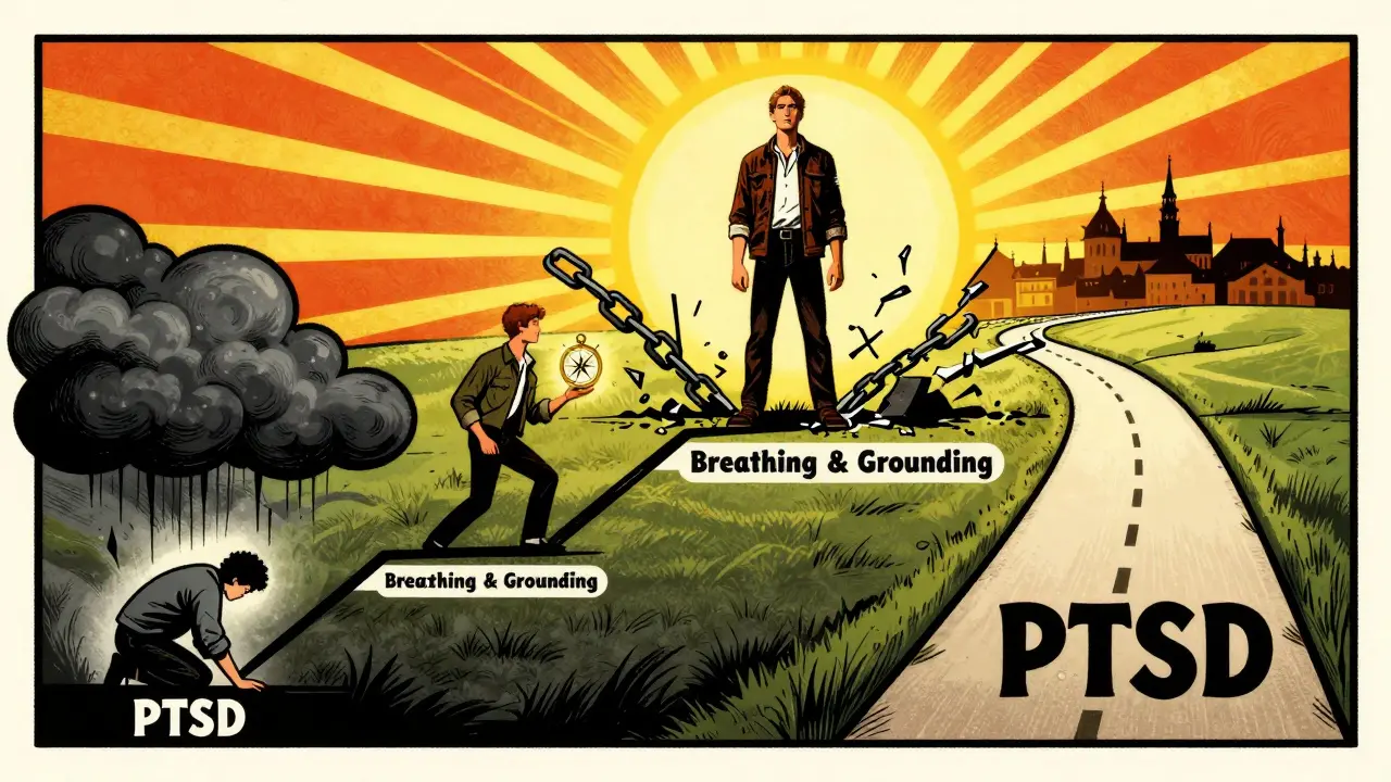 Vizuální přehled cesty z PTSD k uzdravení v stylu vintage reklamní plakátu.