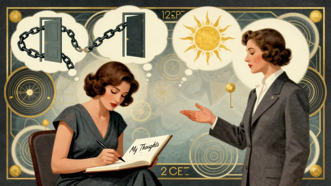 Žena píše do sešitu, zatímco její myšlenky se mění z řetězů na otevřené dveře a slunce.