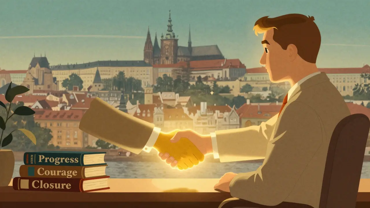 Zlatý stisk ruky nad knihami o pokroku a uzavření, s pražským horizontem v pozadí, znázorňuje důstojný přechod.