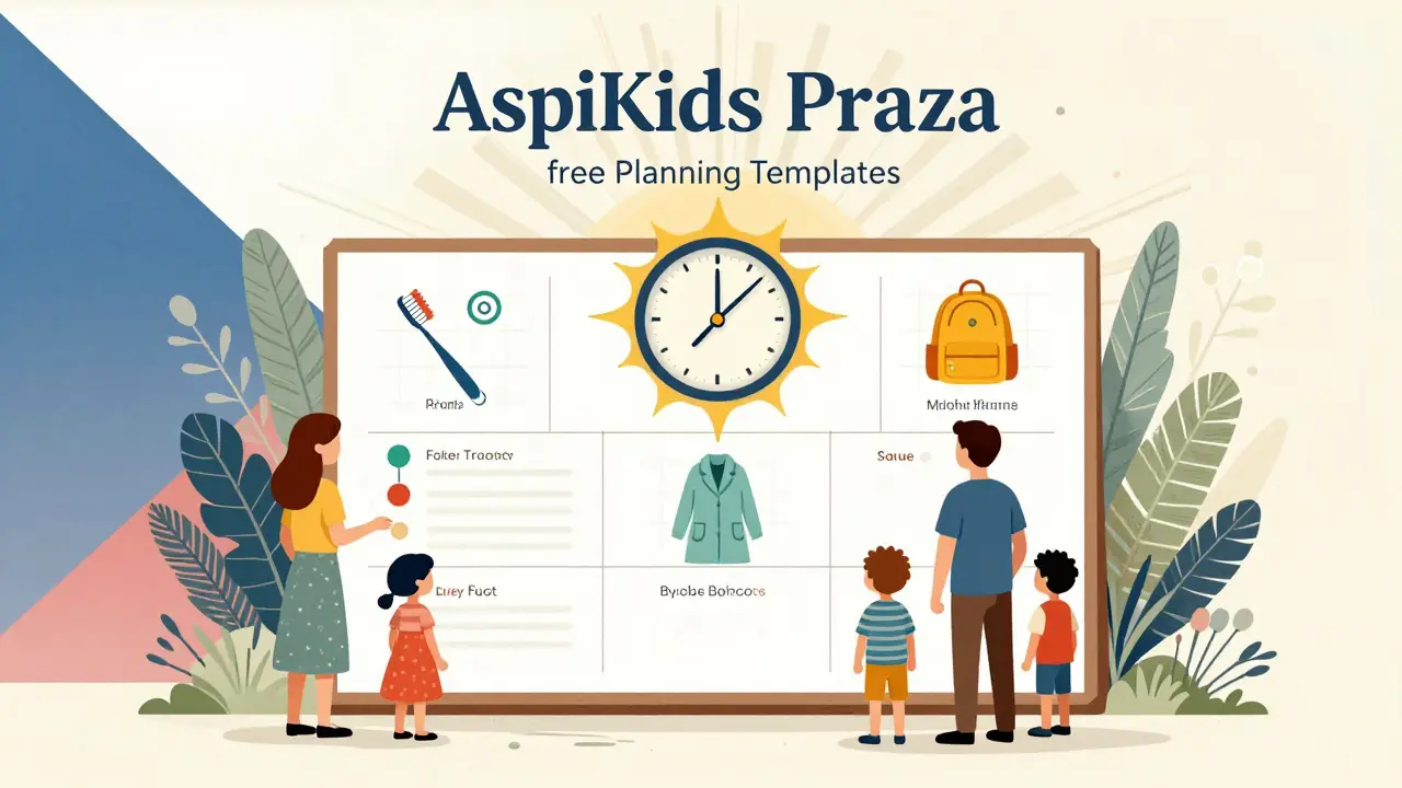 Česká rodina u vizuální tabule s ikonami a časovačem ve tvaru slunce, symbolizující bezplatné plánovací šablony.