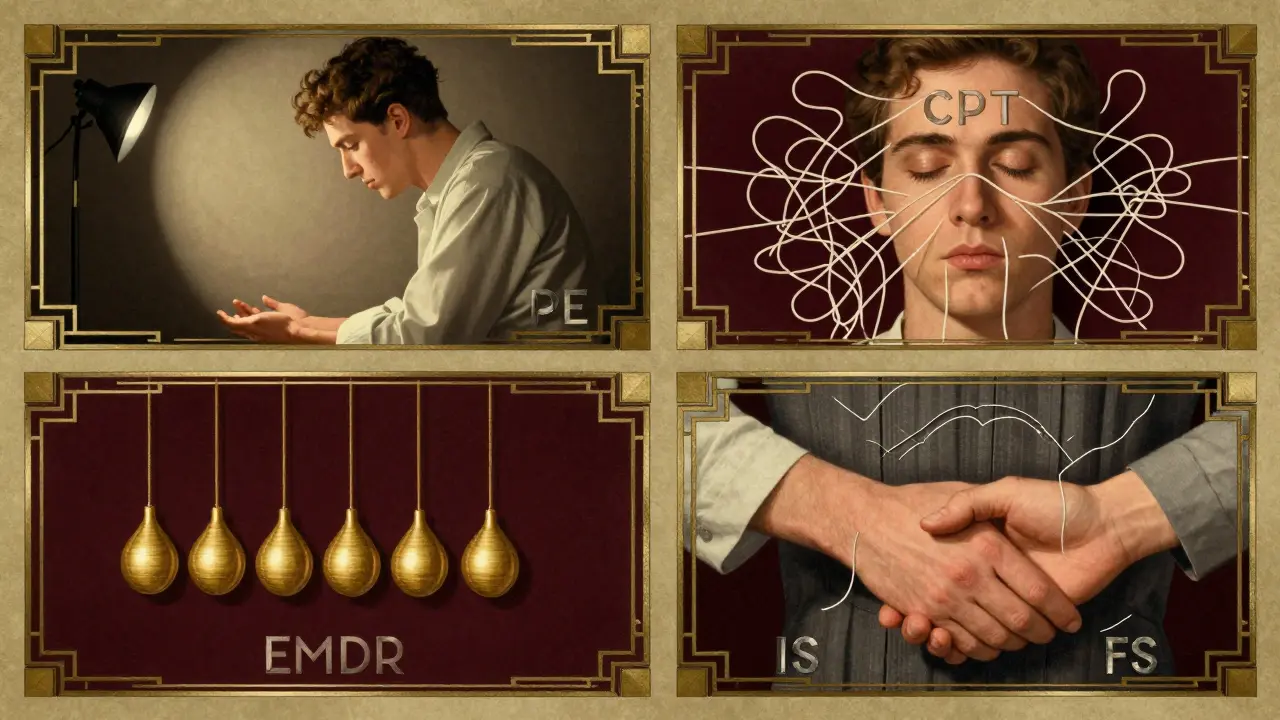 Čtyři scény léčby PTSD: expozice, kognitivní terapie, EMDR a IFS v uměleckých rámecích.