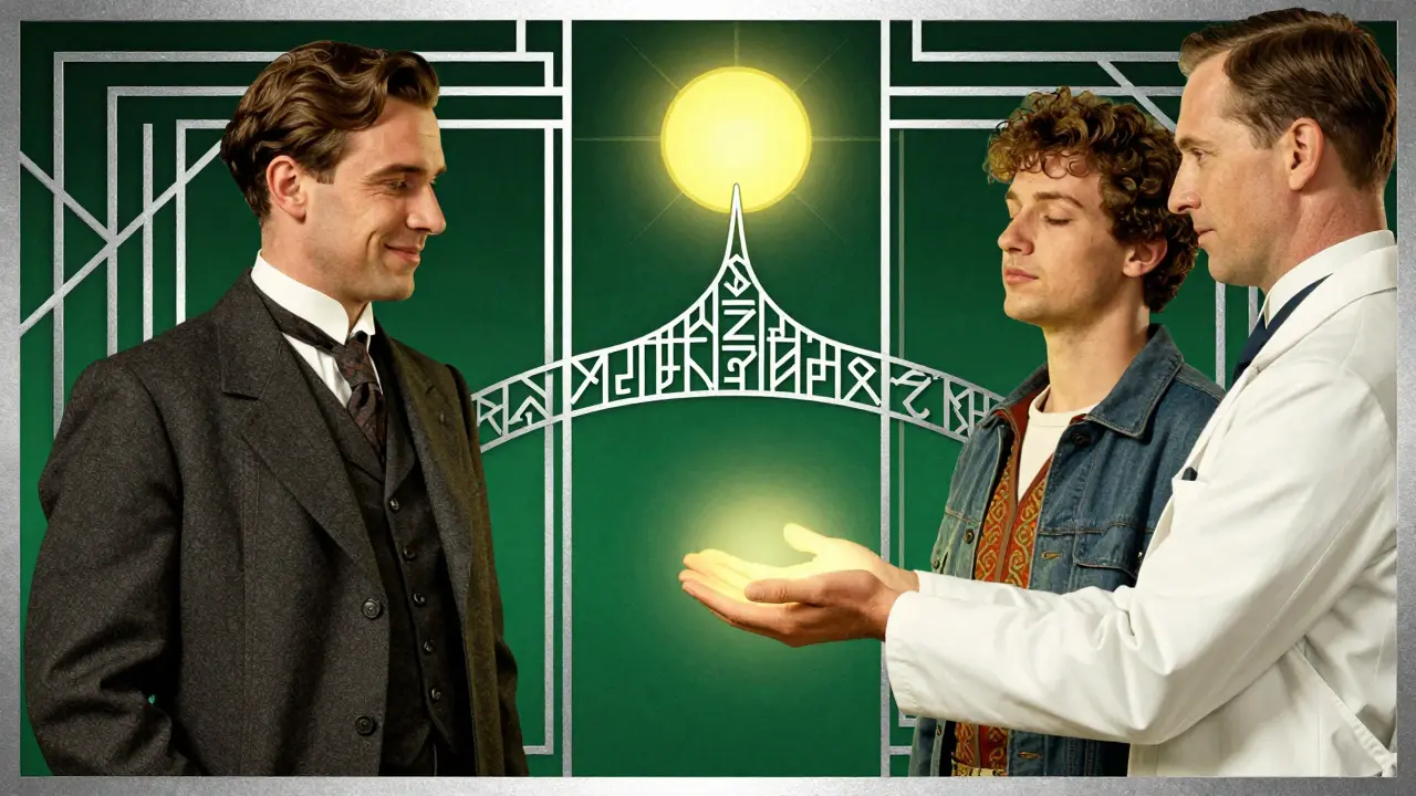 Czech person and expat separated by language symbols, connected by a therapist's glowing hand under geometric Art Deco sky.