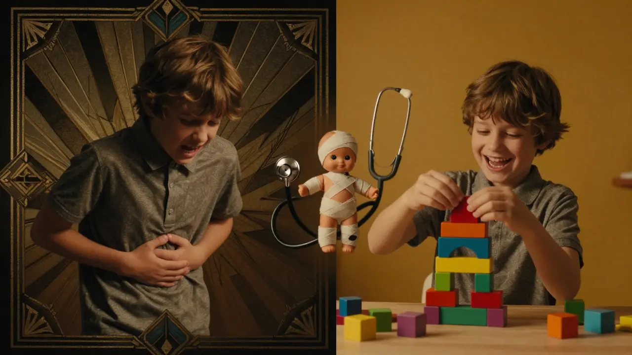 Dítě v pravé části hraje s bloky, v levé části trpí bolestí — obraz vyjadřuje přeměnu strachu v klid.