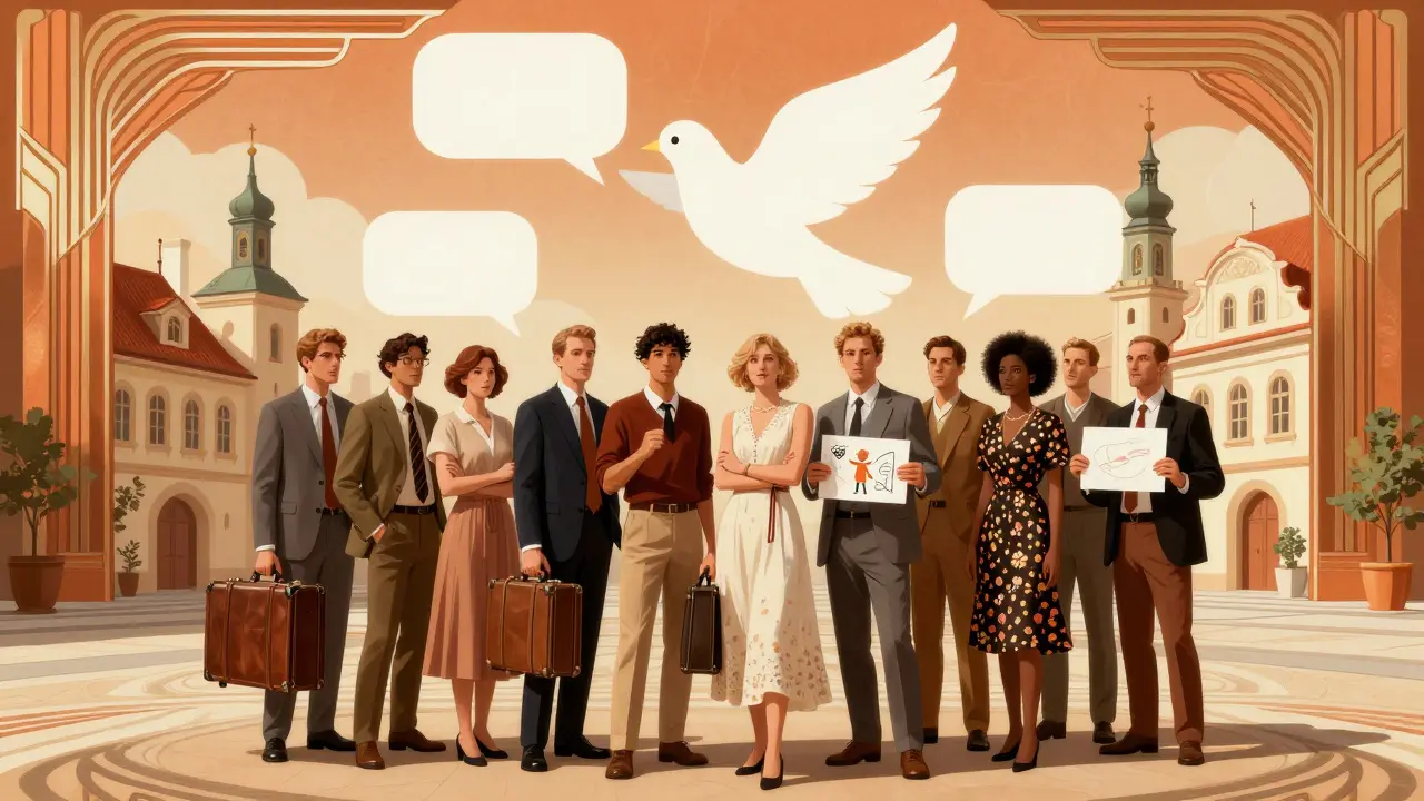 Diverse expats in Prague courtyard holding personal struggles, watched over by a dove made of speech bubbles.