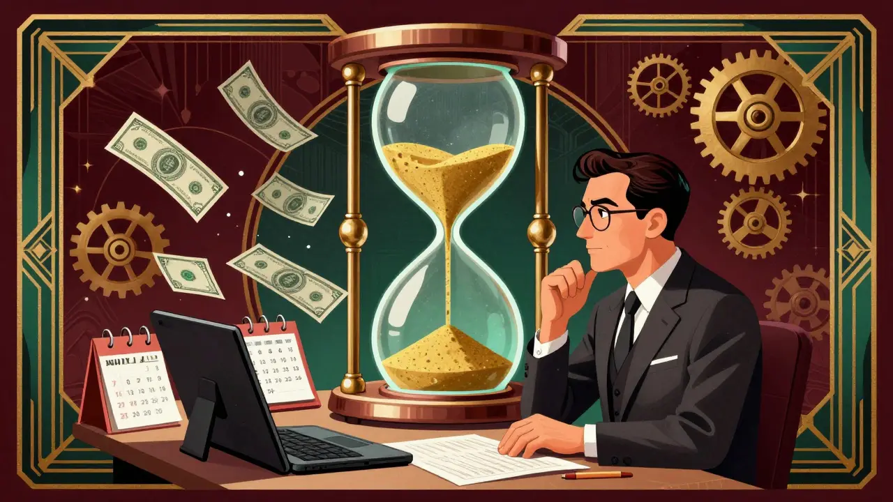 Dospělý před chaosem na stole s hodinami, účty a digitálními zařízeními, obklopeným ozdobnými ozubenými koly.