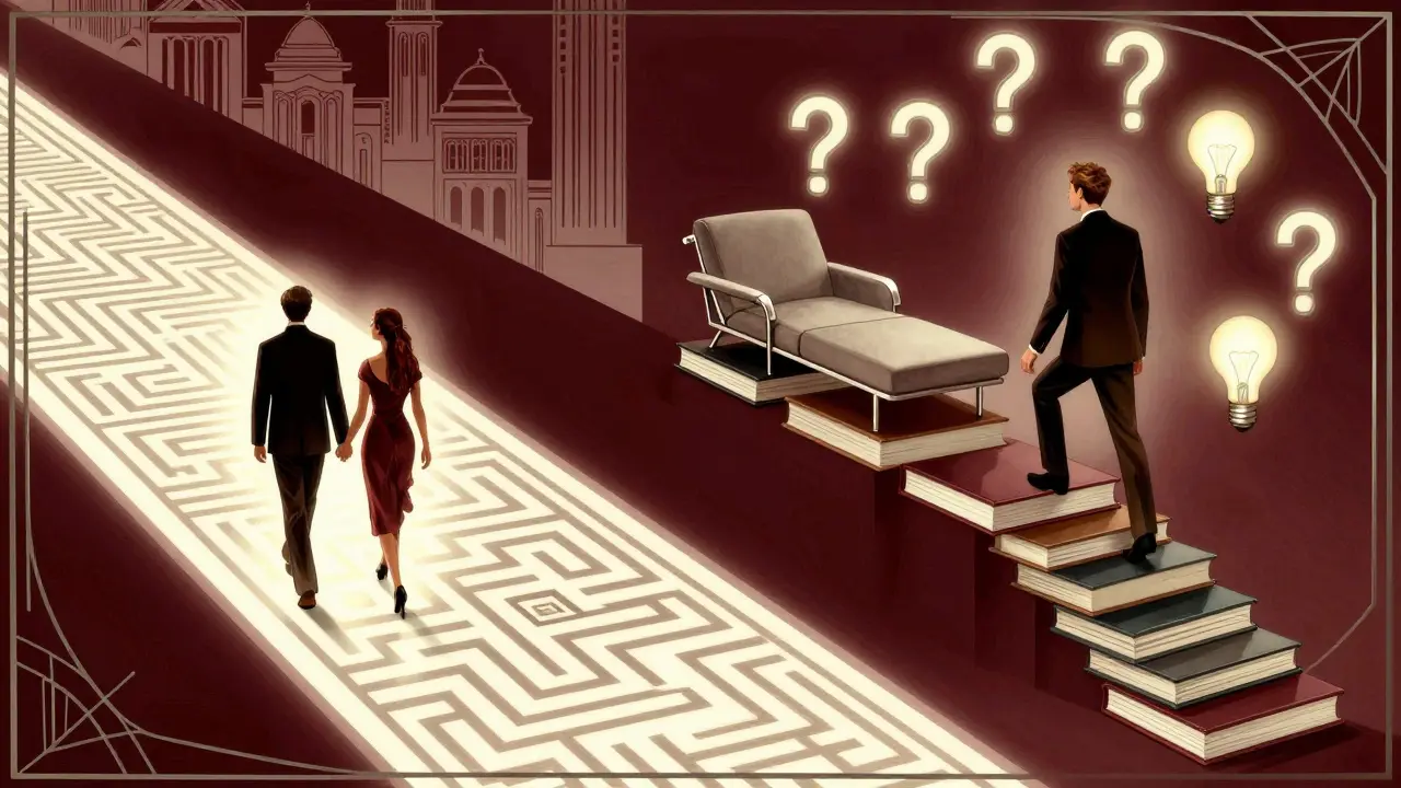 Dva cesty: pár v labyrintu a jednotlivec na schodech z terapeutických symbolů.