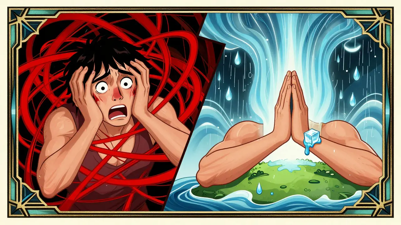 Dva stavy: jeden s panikou a šířícími se červenými čárami, druhý s klidem, ledem a dešťovými kapkami kolem osoby.