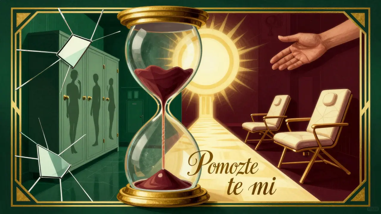 Dvě cesty hodinového písku: jedna s izolací a zámky, druhá s terapií a světlem.