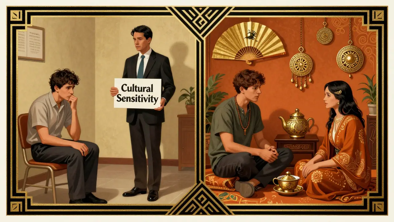 Dvě protikladné terapeutické scény: jedna s generickým přístupem, druhá s kulturně citlivým dialogem a osobními předměty.