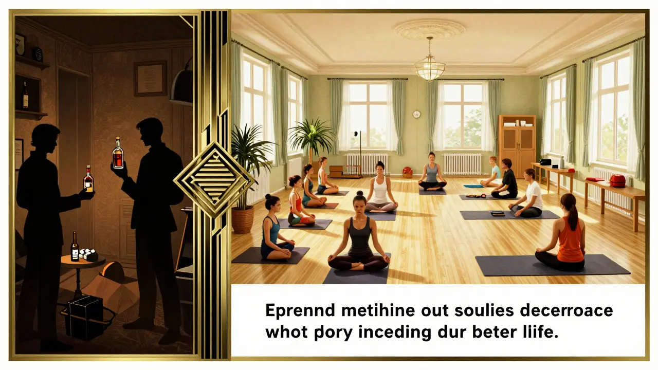 Dvě strany: temný, chaos s návyky vs. jasný, strukturovaný byt s terapií a sportem v art deco stylu.