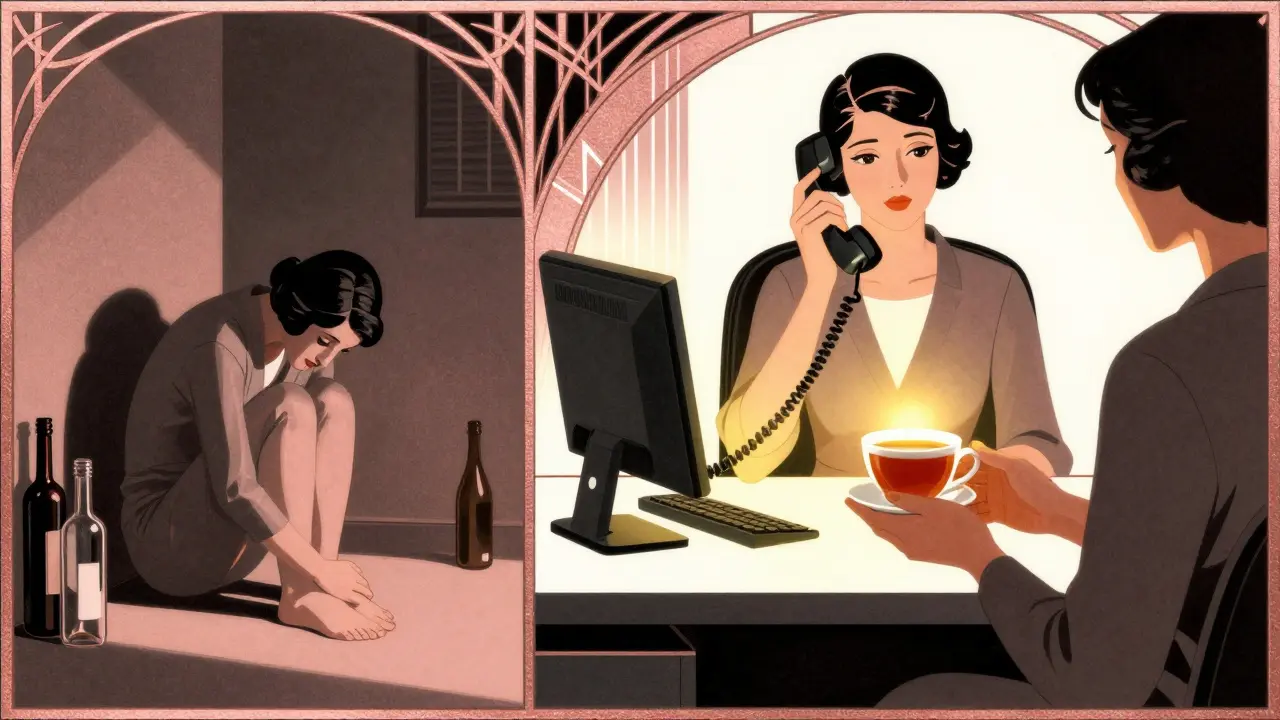 Jeden muž v tmu, druhý v jasné kanceláři u telefonu – kontrast tížení a pomoci.