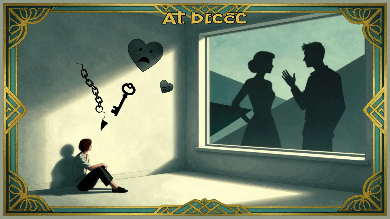 Jednotlivec v místnosti s emocionálními symboly, venku vidět konfliktující pár.