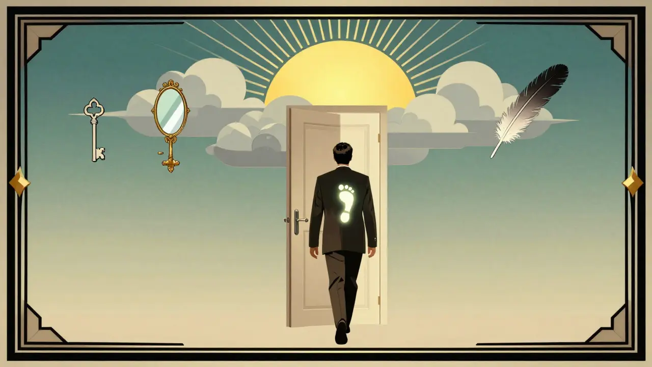 Konec terapie: klient odchází s novou svobodou, za sebou zanechává symboly sebeobjevení.