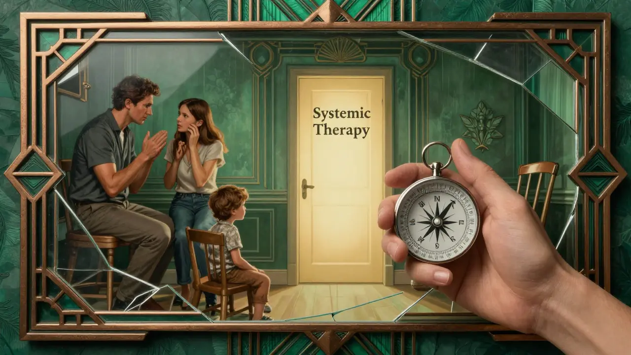 Lomené zrcadlo s rodinnými scénami a kompasem směřujícím k systémové terapii.