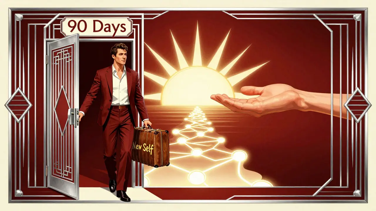 Muž kročí z dveří '90 dní' s kufr 'Nový já', za ním světlo neuronů a rodinná podpora v art deco stylu.