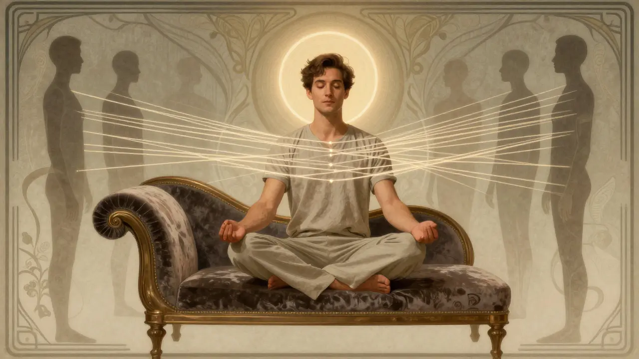 Muž v klidu s tečkami spojujícími ho k jiným postavám, symbolizující humanistickou terapii.