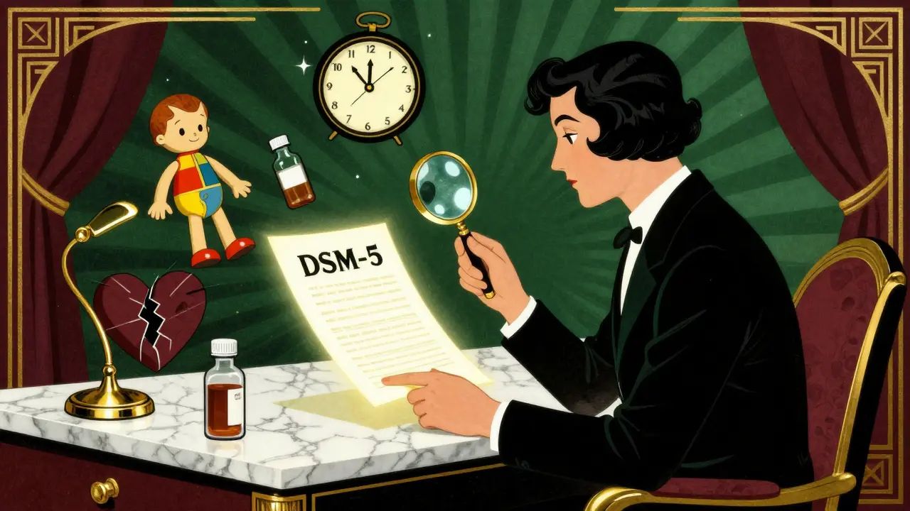 Ornate Art Deco scene of a therapist using a magnifying glass over diagnostic documents surrounded by symbolic health icons in gold and emerald tones.