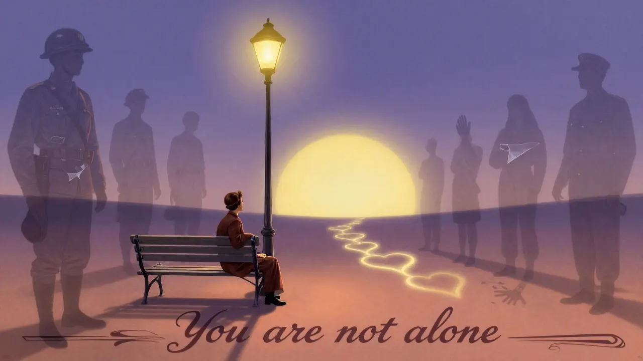 Osoba na lavičce s těnami minulosti, cesta směřující k východu slunce jako symbol naděje.