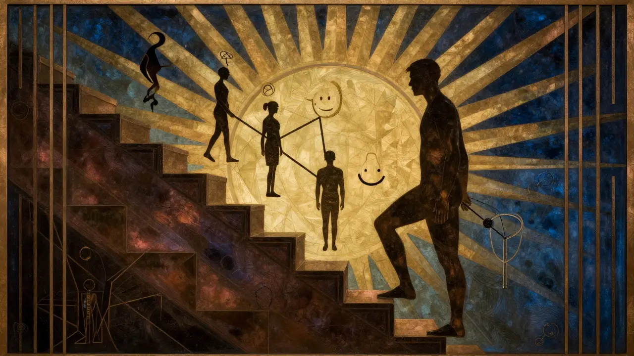 Pacient na schodech přecházejících z temna do světla s abstraktními symboly zlepšení.