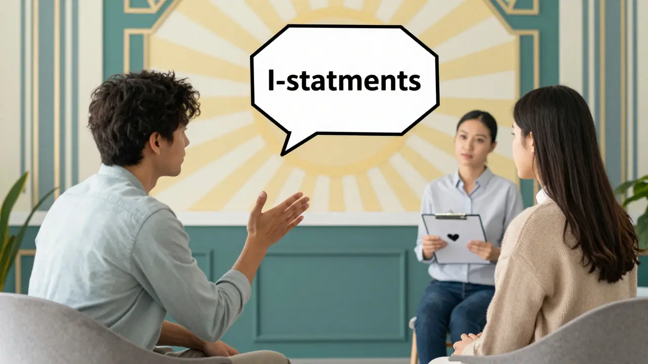 Pár cvičí 'já-hlášky' s terapeutem v pozadí