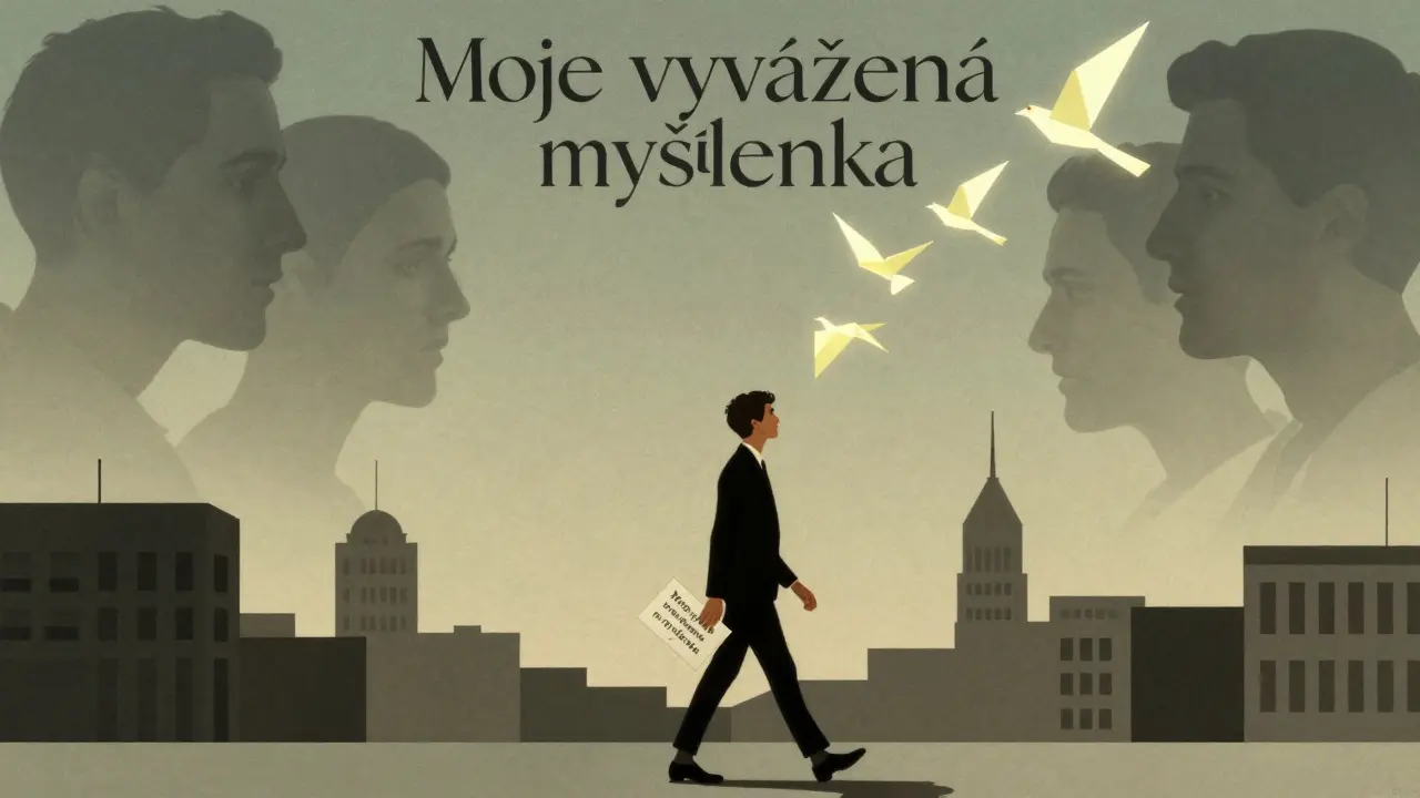Postava jde městem, drží papír s vyváženou myšlenkou, zatímco staré strachy se rozplynou v geometrických ptácích.