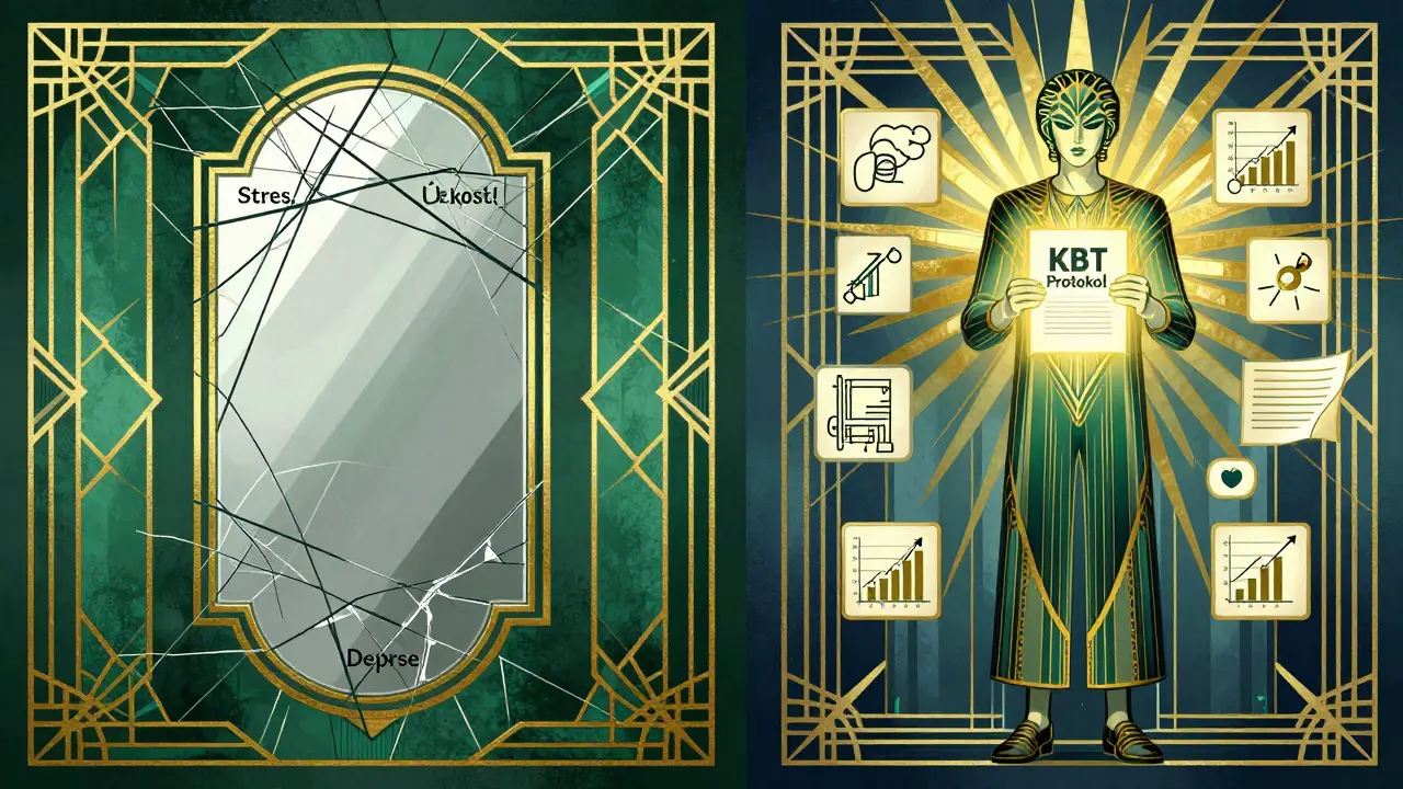 Před a po: tmu a chaos proti jasu a struktuře KBT protokolu v Art Deco stylu.