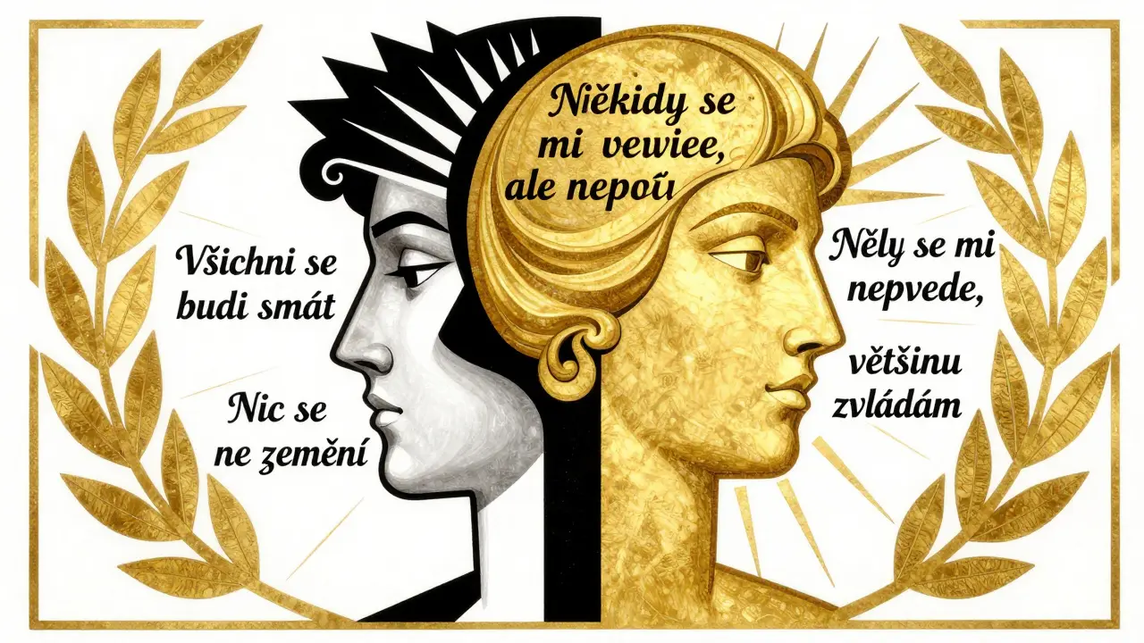 Rozdělená hlava: jedna strana plná černobílých katastrofických myšlenek, druhá strana zlatými vyváženými formami.